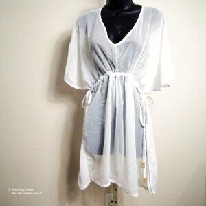 Mud Pie White Kimono Side Tie Shear Tunic Swim Suit Logo Coverup NWT Various Sz